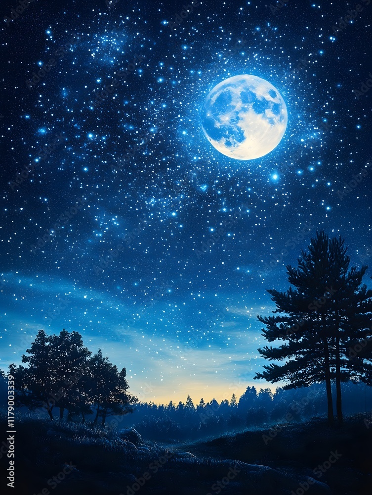 Naklejka premium A background of a starry night sky with a bright full moon and constellations.