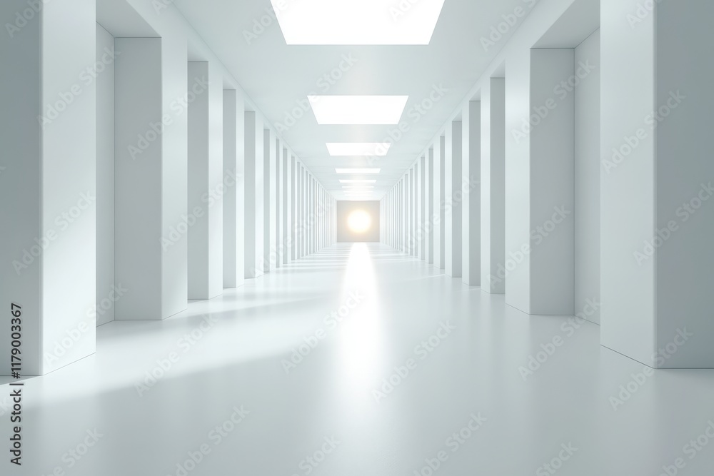 Bright, white hallway, futuristic architecture, light at end, hope concept