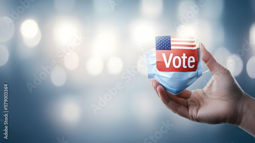 Standing in line at a polling place, hand-adjusting a face mask with the slogan 