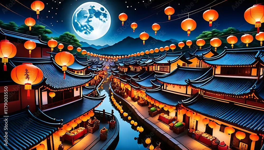 Obraz premium Illuminated Asian Town at Night Under a Full Moon