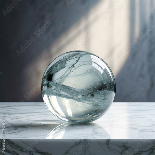 Concepto minimalista de una esfera de cristal sobre una mesa de mármol blanco, AF photo