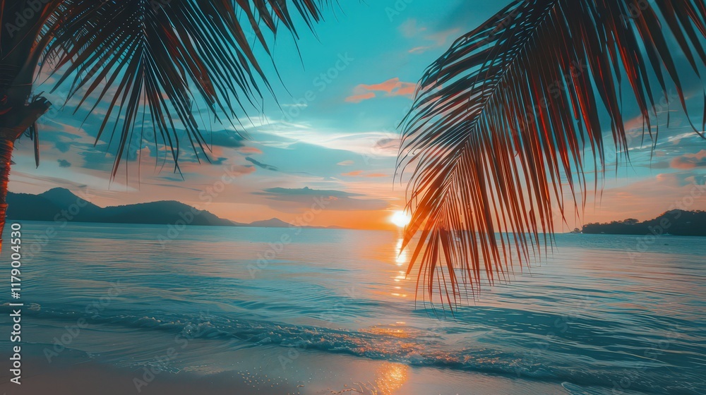 Fototapeta premium Beautiful panoramic sunset, tropical paradise beach. Calm summer holidays.