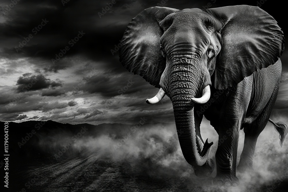 Naklejka premium A powerful scene of a bull elephant charging with its ears flared and trunk raised.