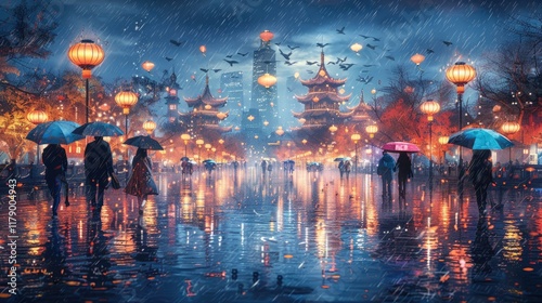 Rainy night in a Chinese city, people walking under umbrellas, colorful lanterns, ancient architecture in the background. Use for travel poster, wallpaper. photo