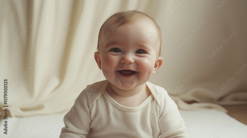 Cute Baby Sitting and Smiling Against White Backdrop Cute Baby Sitting and Smiling Against White Backdrop
