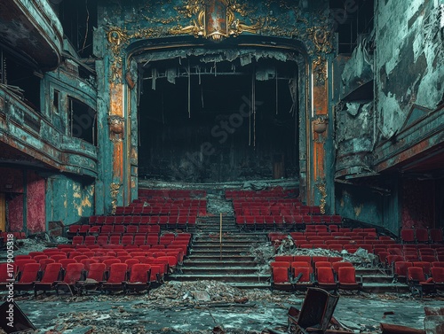 Abandoned theater interior slung derelict forsaken outcast photo