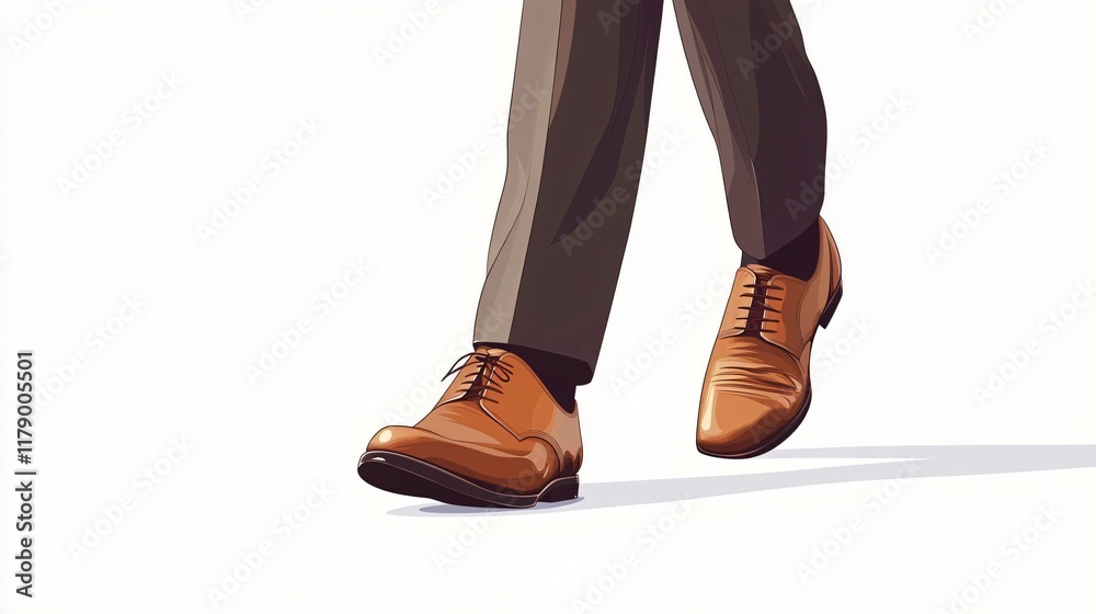 Close-up of Man's Polished Brown Leather Shoes and Pants in Motion: A Stride of Style Close-up of Man's Polished Brown Leather Shoes and Pants in Motion: A Stride of Style