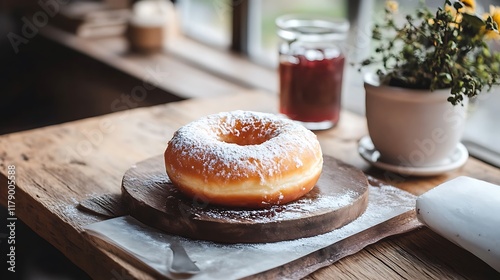 A rustic jamfilled donut resting on a wooden board surrounded by natural light photo