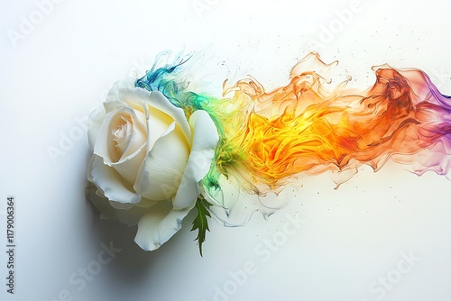 A pristine white rose being consumed by rainbow-colored flames, artistic photography on stark white background