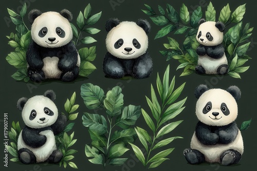 A collection of cute panda illustrations surrounded by various green leaves. photo