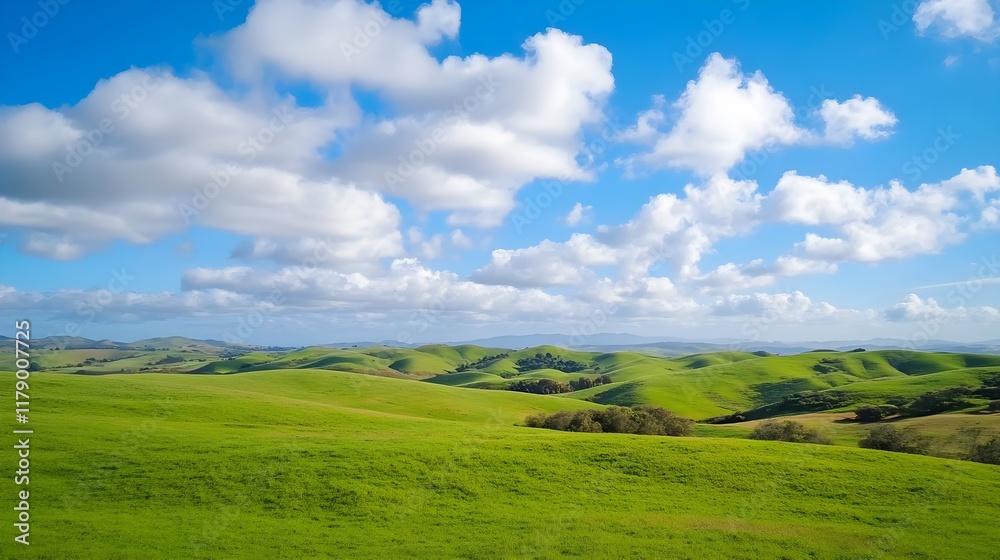 A background of rolling green hills under a clear blue sky with fluffy clouds A background of rolling green hills under a clear blue sky with fluffy clouds