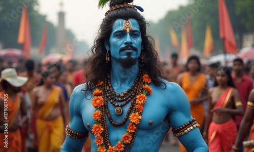 Male Performer Dressed as Hindu Deity Shiva Participating in Maha Shivaratri Cultural Festival Parade in Vibrant Celebration