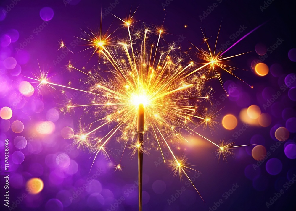 Naklejka premium Burning Bengal Fire Sparkler on Purple Background - Festive Party Celebration