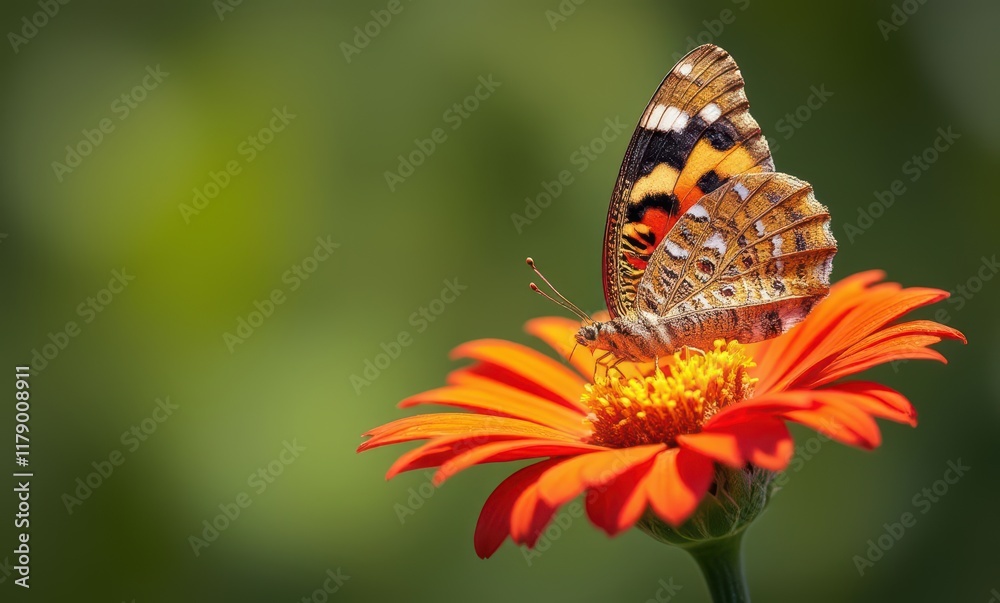 Butterfly perched on vibrant orange flower Butterfly perched on vibrant orange flower