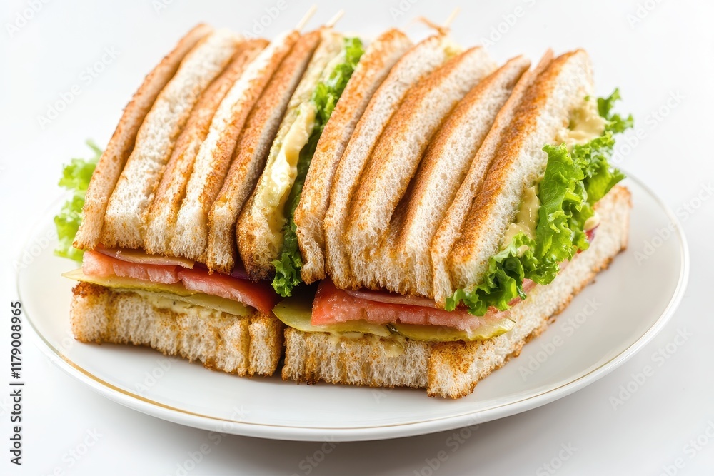 Toasted club sandwiches, studio shot, white background, lunch menu Toasted club sandwiches, studio shot, white background, lunch menu