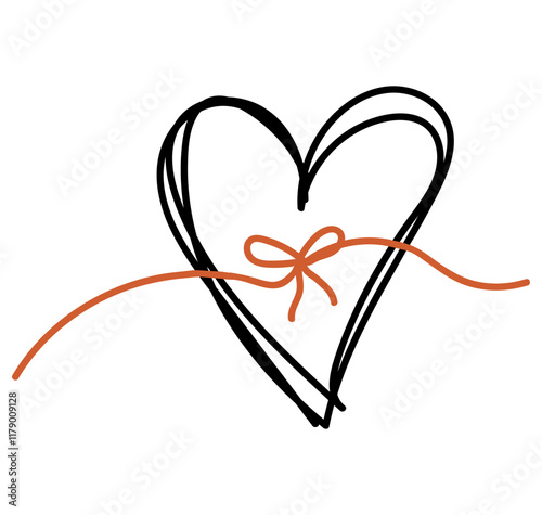Heart and red ribbon. Hand drawn cute declaration of love. Flat vector illustration, eps10