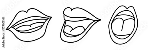 Talking mouth set. Open mouth. Smile from ear to ear. Flat line vector illustration, eps 10