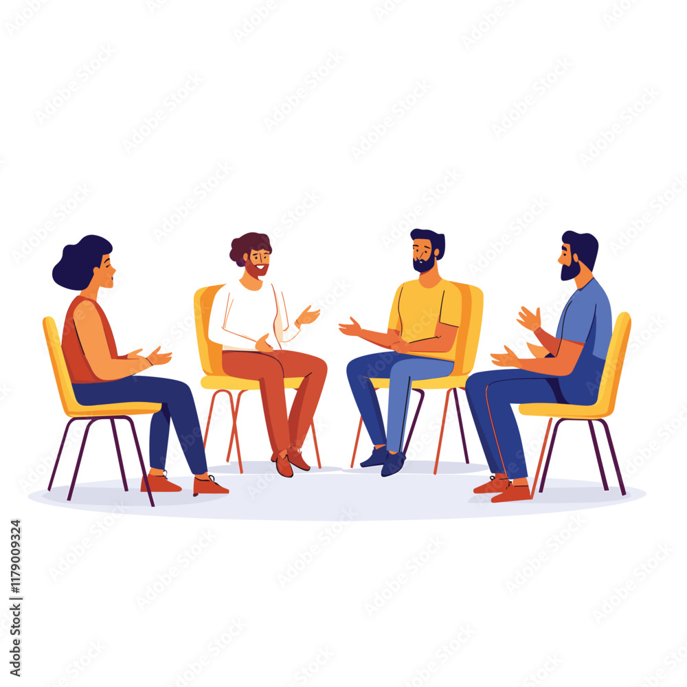 Four individuals seated at therapy group support Four individuals seated at therapy group support
