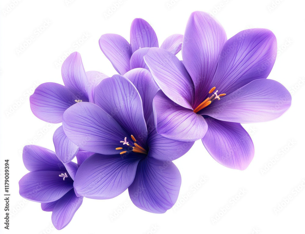 Obraz premium Vibrant purple flowers with delicate petals and bright orange stamens create stunning visual display, perfect for adding touch of elegance to any design