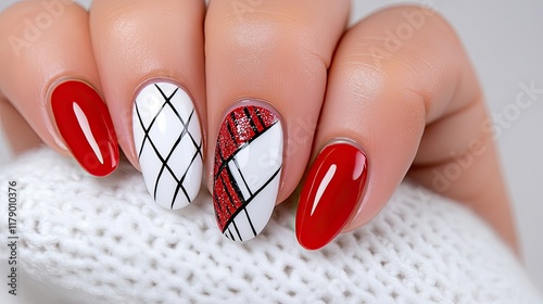 Festive Nails Adorned Art Elegant, Elegant Holiday Nail Art with Geometric Patterns photo