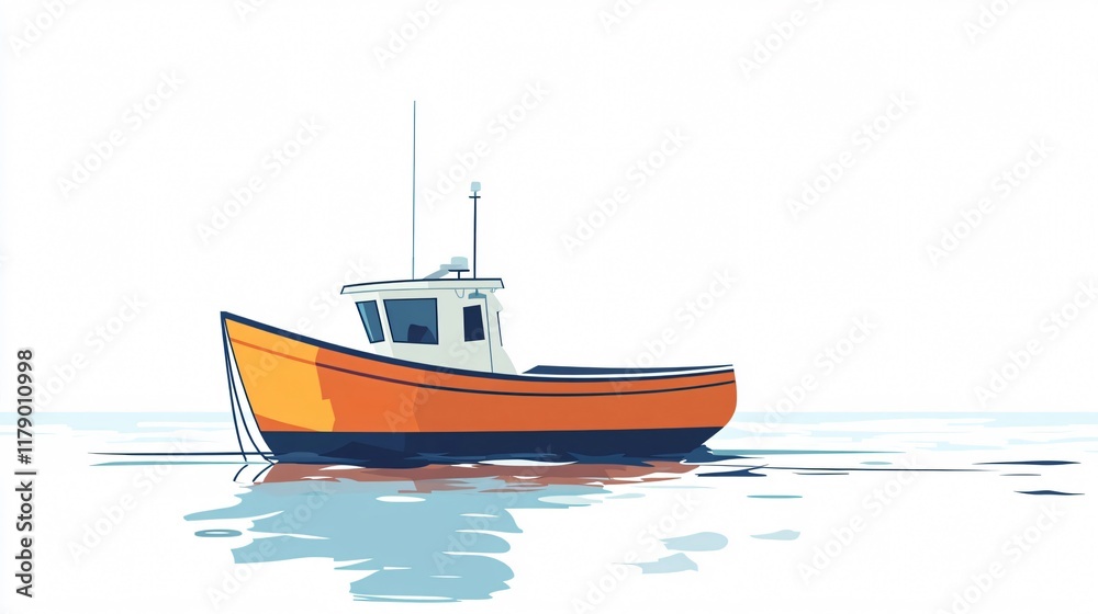 Fototapeta premium Orange Fishing Boat on Calm Water - Minimalist Nautical Vector Illustration