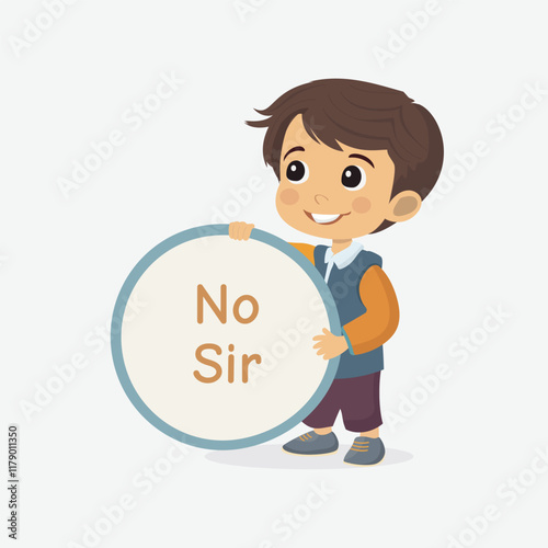 Respectful Boy Holding 'No Sir' Sign for Teaching Manners