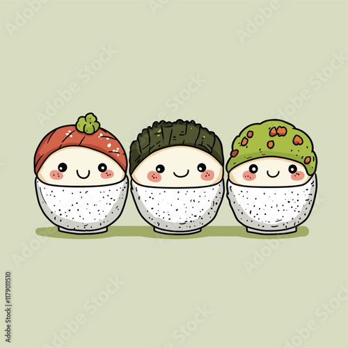 Cute sushi rolls with smiling faces, playful design.