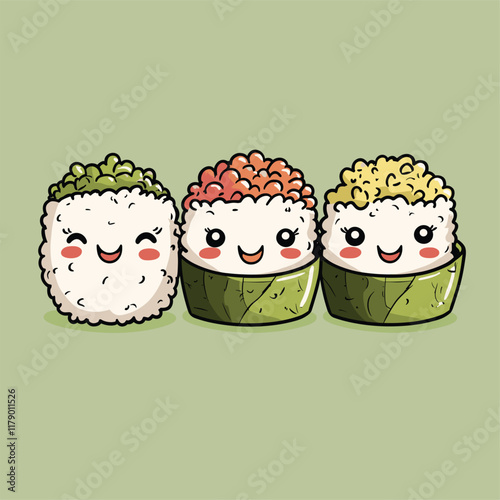Cute sushi rolls with smiling faces, playful design.