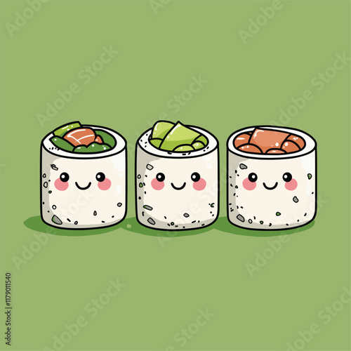 Cute sushi rolls with smiling faces, playful design.