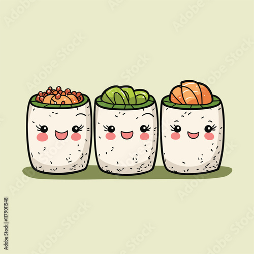 Cute sushi rolls with smiling faces, playful design.