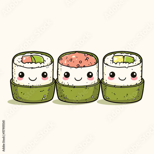 Cute sushi rolls with smiling faces, playful design.