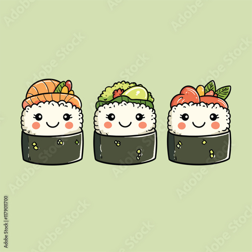 Cute sushi rolls with smiling faces, playful design.