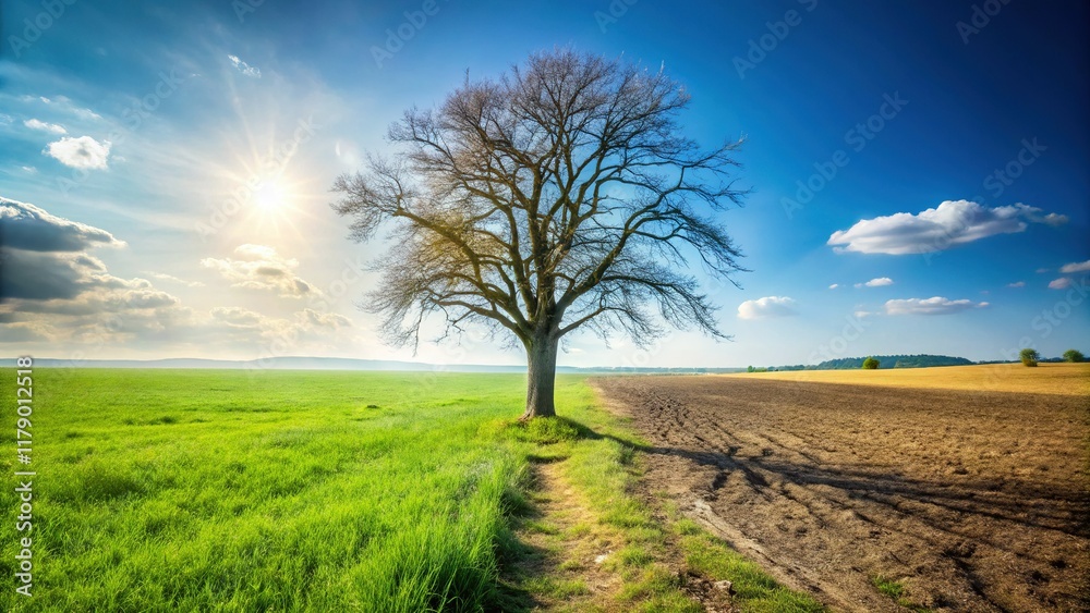 Double Exposure: Split Field, Lush vs. Barren, Tree, Blue Sky Double Exposure: Split Field, Lush vs. Barren, Tree, Blue Sky