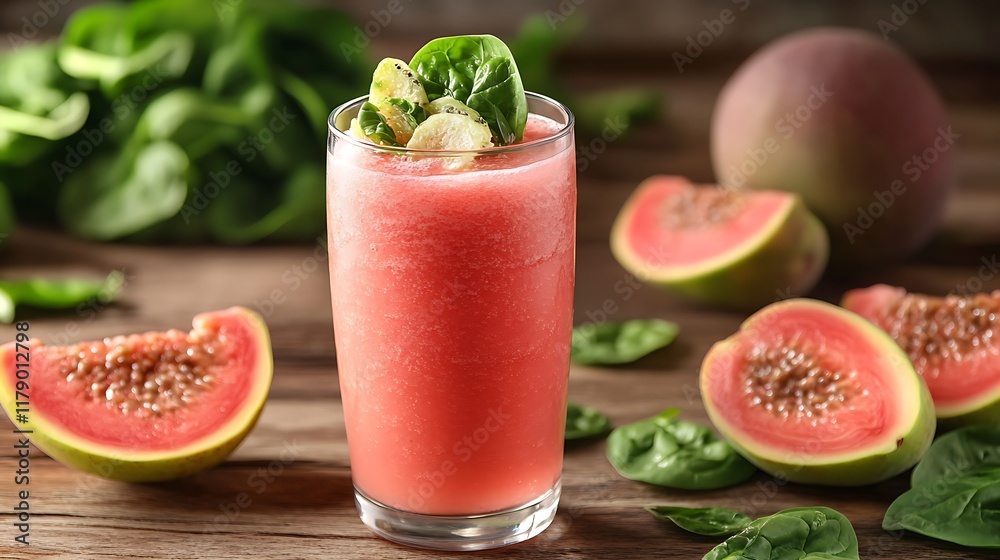 A refreshing mix of guava and spinach in a tall clear vessel