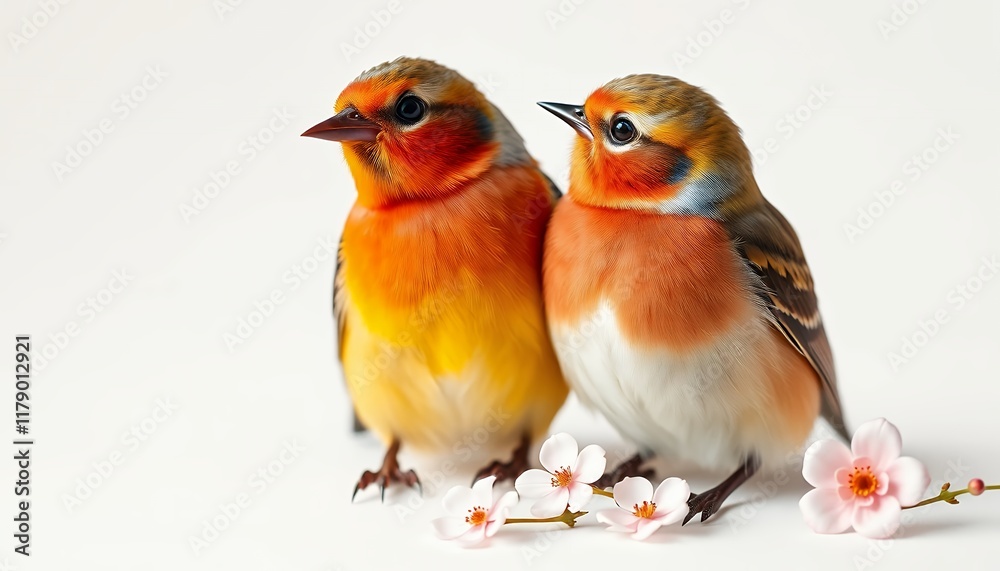 Fototapeta premium Two Adorable Orange Birds with Spring Blossoms