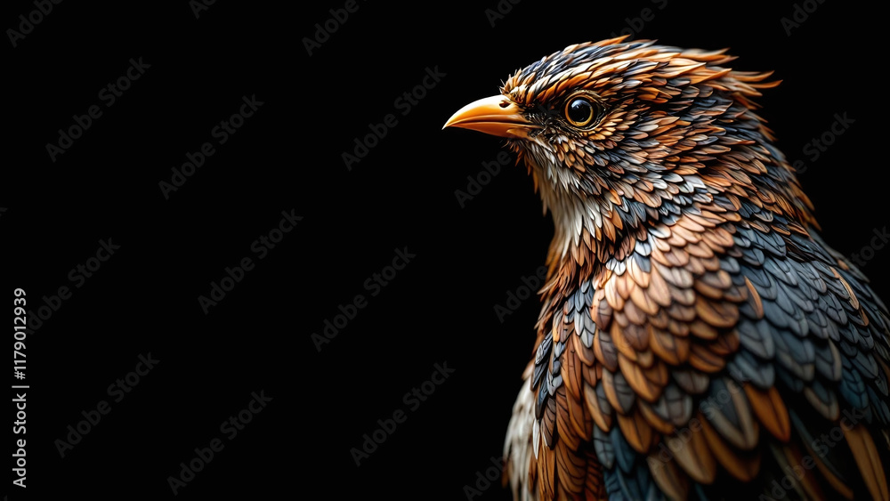 Fototapeta premium Intarsia bird sculpture showcasing rich colors on a dark background
