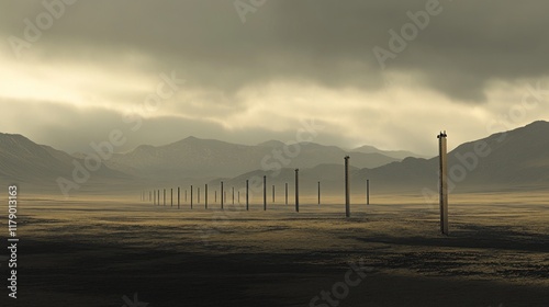 Empty, desolate landscape with tall, vertical structures lined up in the middle ground.  A hazy, overcast sky hangs over the scene, casting a muted light on the arid, tan-colored terrain and mountaino photo