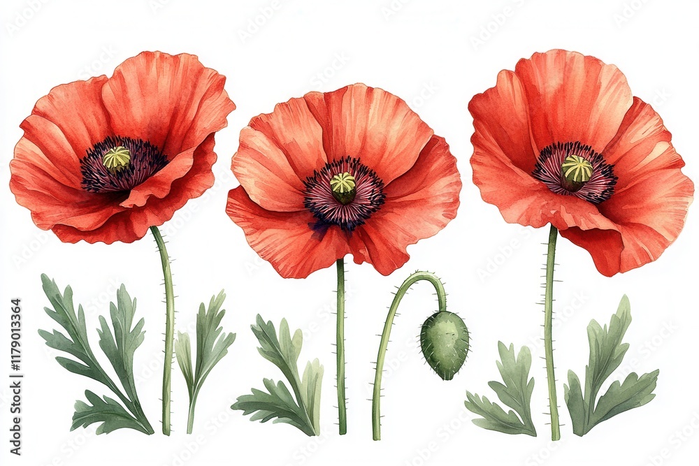 Obraz premium A watercolor illustration of vibrant red poppy flowers with green leaves and a bud.