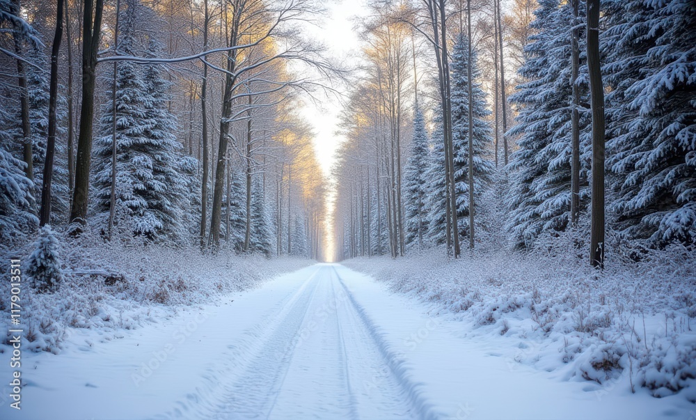 Serene winter forest path at dawn Serene winter forest path at dawn