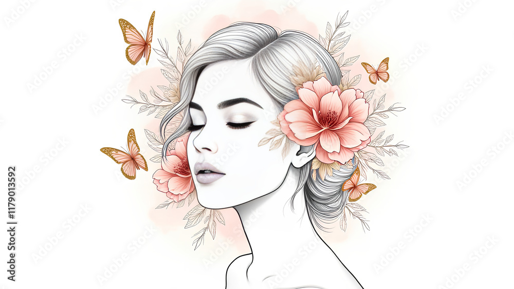 A delicate and artistic line art illustration combining a young woman's face with floral elements butterflies A delicate and artistic line art illustration combining a young woman's face with floral elements butterflies