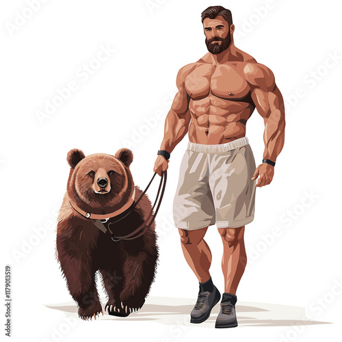 Muscular man walking bear on leash, plain background.