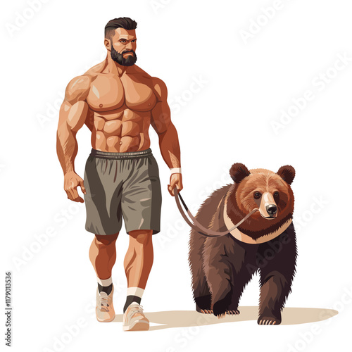 Muscular man walking bear on leash, plain background.