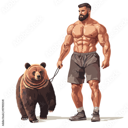 Muscular man walking bear on leash, plain background.