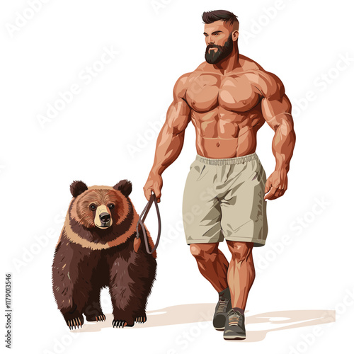 Muscular man walking bear on leash, plain background.
