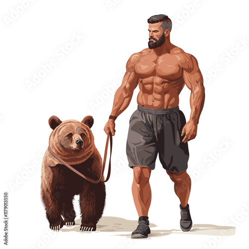 Muscular man walking bear on leash, plain background.