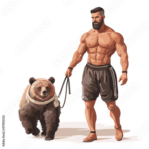 Muscular man walking bear on leash, plain background.