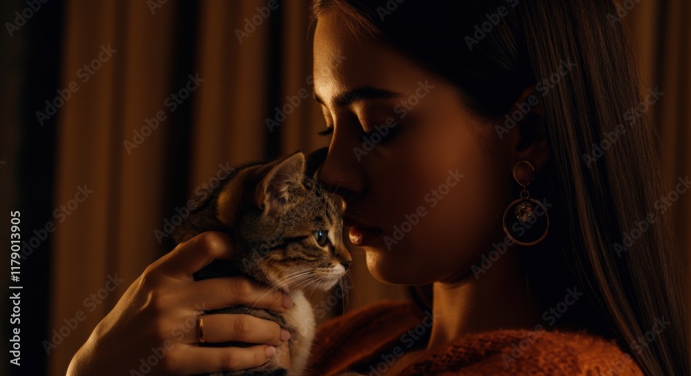 Young caucasian female gently holding kitten in warm lighting Young caucasian female gently holding kitten in warm lighting