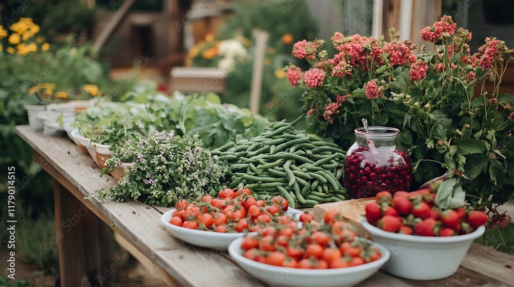 A quaint farmhouse with green beans and berry kombucha A quaint farmhouse with green beans and berry kombucha