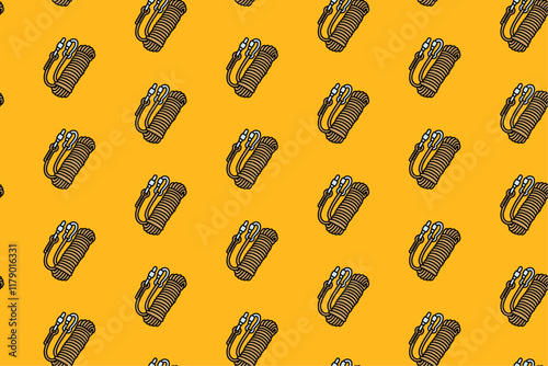 kernmantle rope with carabiner colorful doodle seamless pattern on yellow background. retro outdoor rope background. hank of rope pattern wallpaper. pattern background with kernmantle for adventure