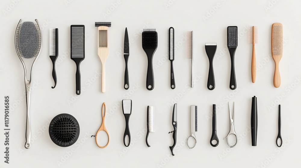 A collection of hairdressing tools against a white background. Flat lay, top view. Minimalist composition. A collection of hairdressing tools against a white background. Flat lay, top view. Minimalist composition.